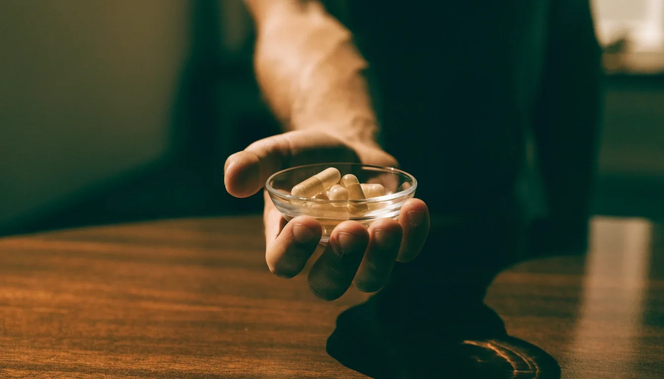 A single unbranded capsule on dark oak grain under side light