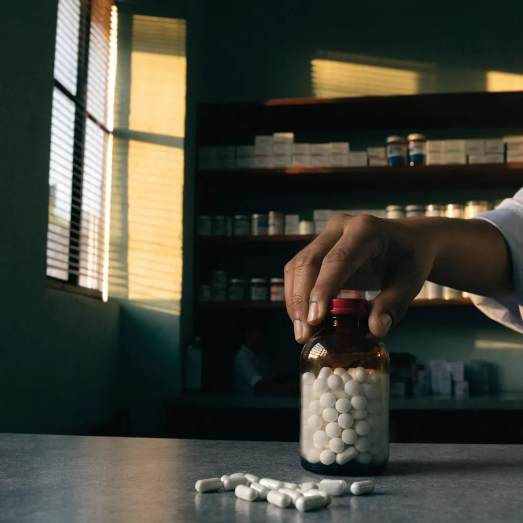 An unlabelled amber bottle and a single capsule on a pharmacy counter surface