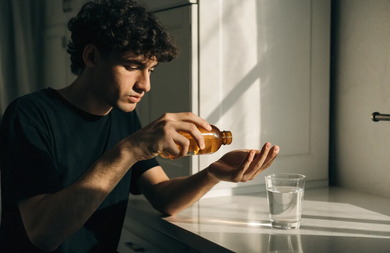 Open palm on a dark counter holding a single unbranded capsule