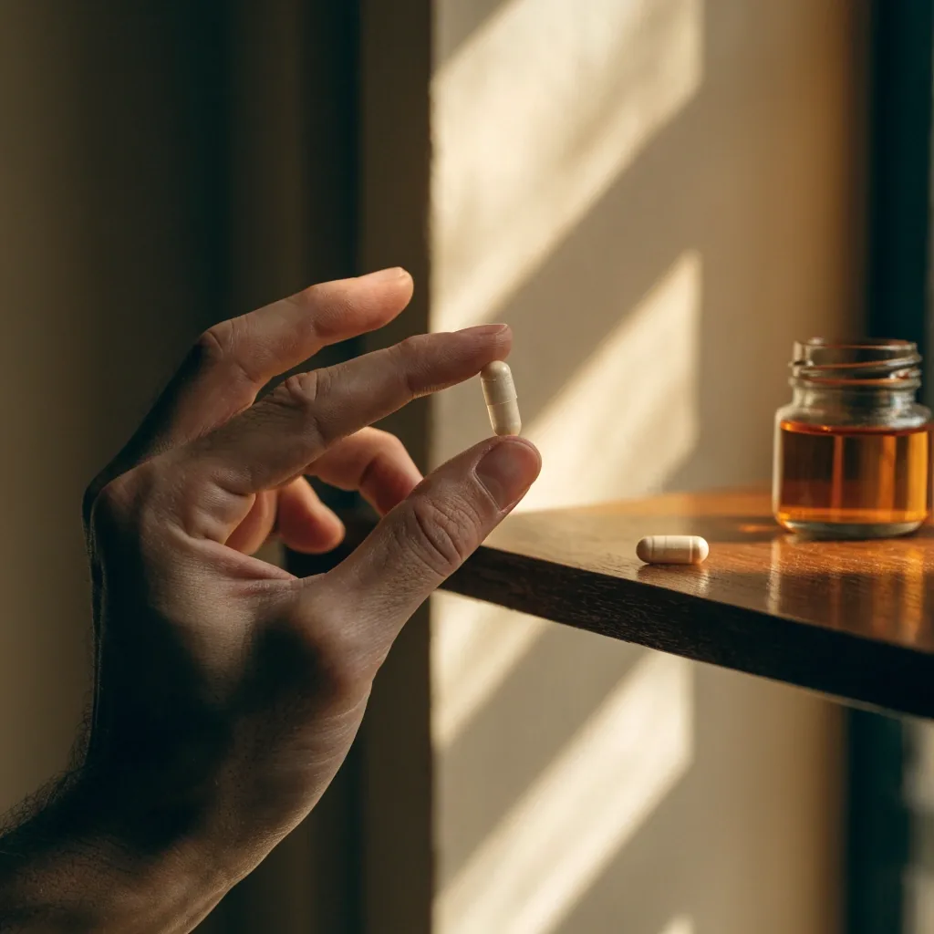 Unbranded capsule and tablet side by side on a matte dark surface