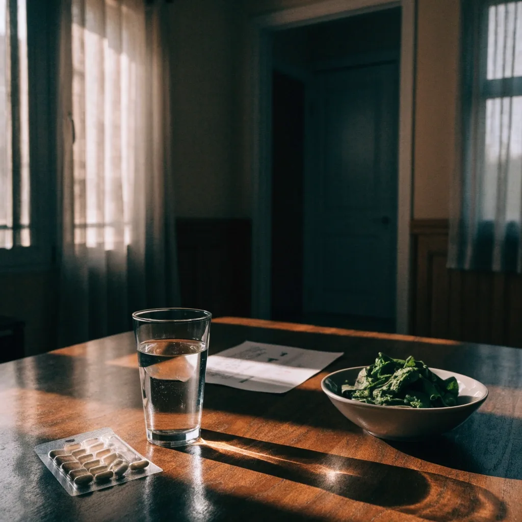 Morning kitchen table with water, capsules, greens and a face-down brochure in low window light