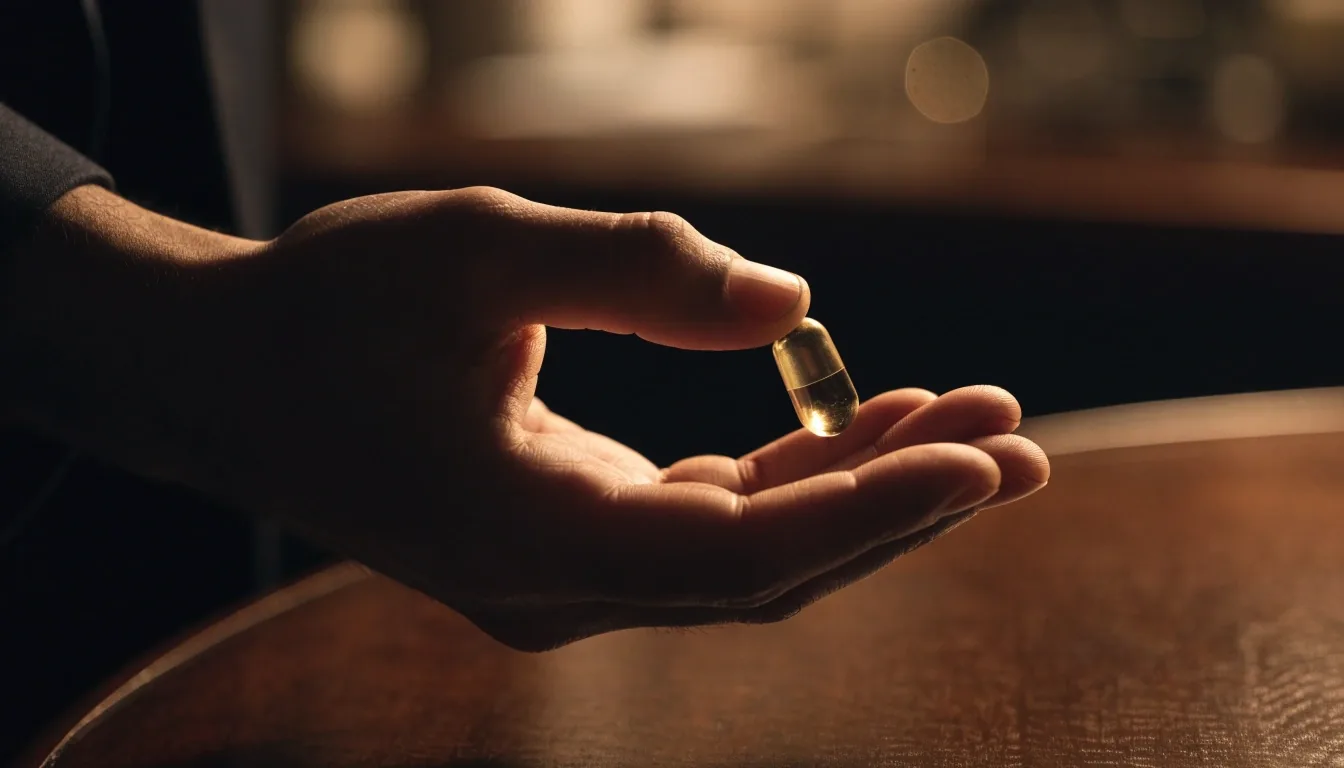 A hand cupping a single unbranded capsule over a dark wooden table