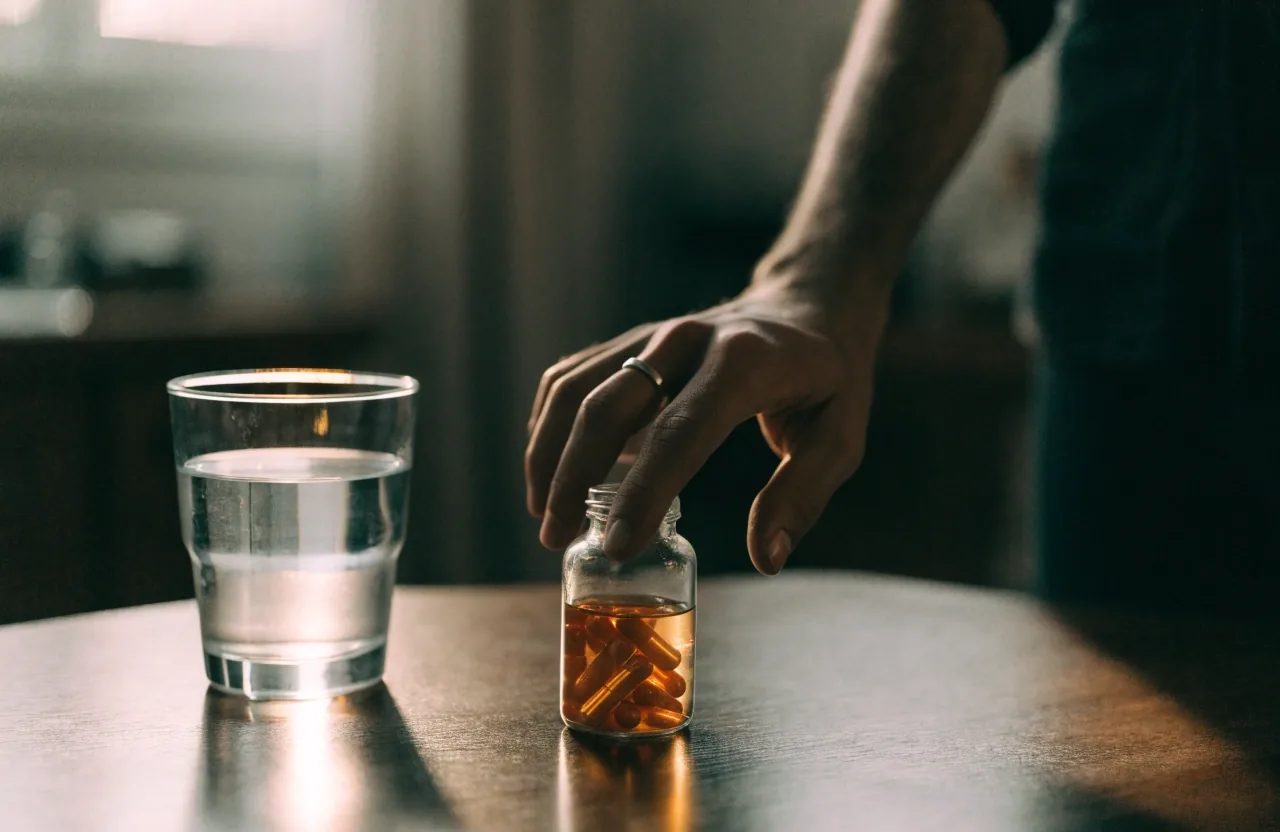 A tumbler of water beside a small unbranded amber bottle in morning light on a dark table