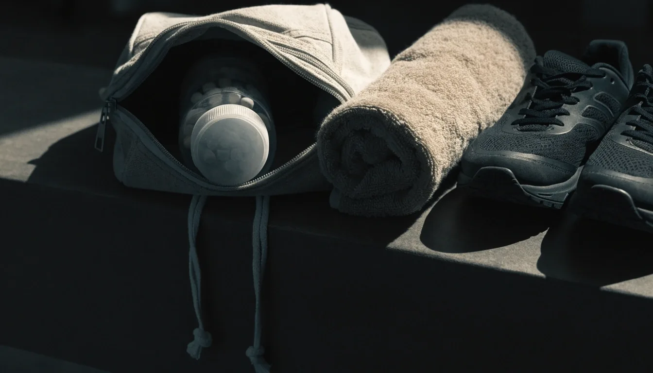 An unbranded supplement container inside an open canvas bag under cool side light