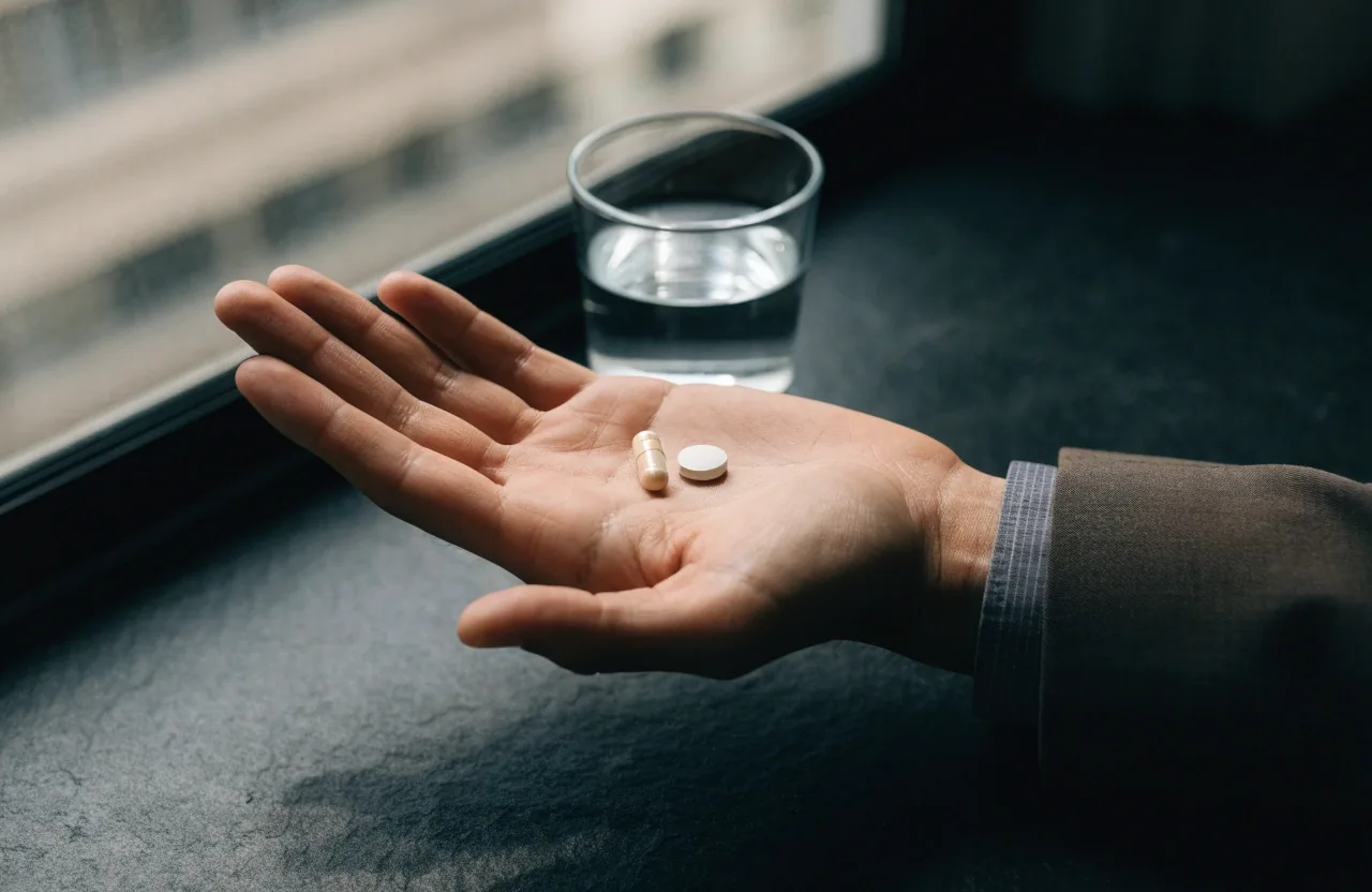 An unbranded capsule and tablet side by side on a dark counter with blank paper