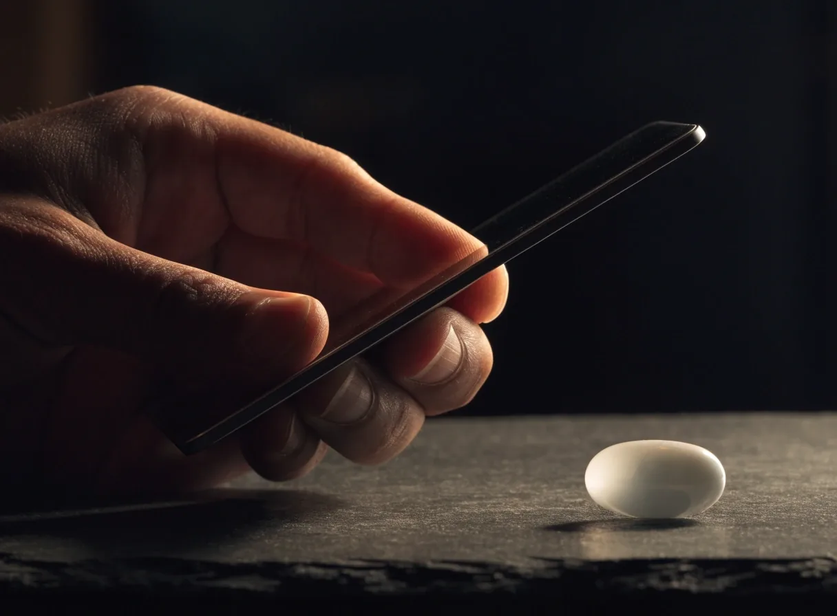 An unbranded capsule and tablet side by side on a dark counter with a folded plain sheet